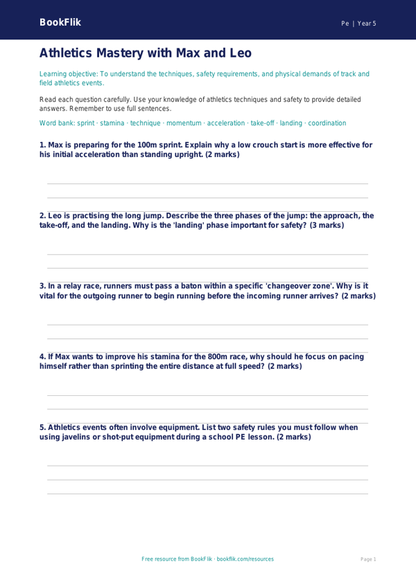 Free Athletics Worksheet | Year 5 Core | BookFlik worksheet preview — Pe Athletics
