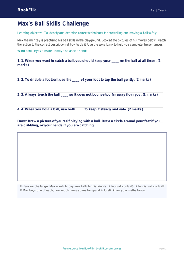 Free Ball Skills Activity Sheet | Year 4 Supported | BookFlik worksheet preview — Pe Ball Skills