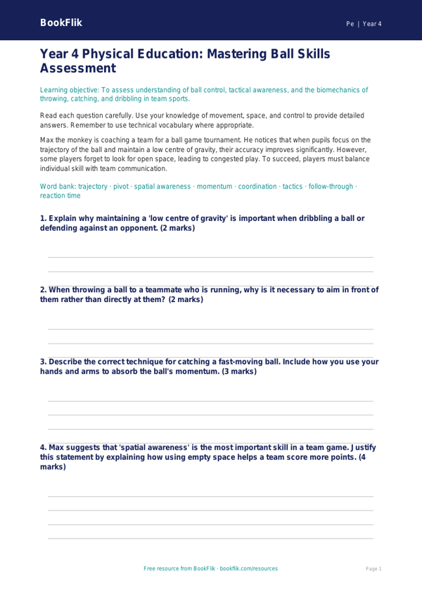 Free Ball Skills Assessment | Year 4 Greater Depth | BookFlik worksheet preview — Pe Ball Skills