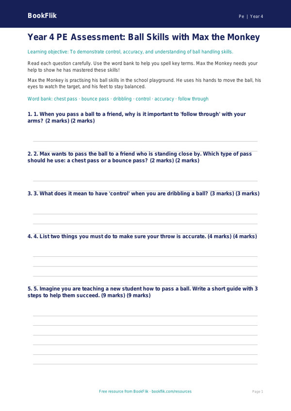 Free Ball Skills Assessment | Year 4 Supported | BookFlik worksheet preview — Pe Ball Skills