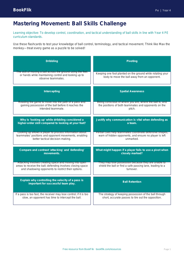 Free Ball Skills Flashcards | Year 4 Greater Depth | BookFlik worksheet preview — Pe Ball Skills