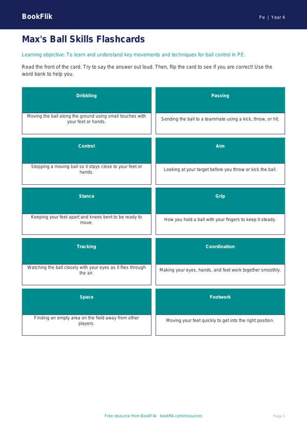 Free Ball Skills Flashcards | Year 4 Supported | BookFlik worksheet preview — Pe Ball Skills