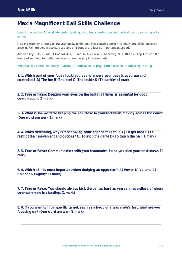 Free Ball Skills Quiz | Year 4 Greater Depth | BookFlik worksheet preview — Pe Ball Skills