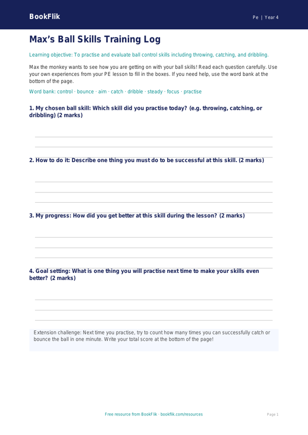 Free Ball Skills Template | Year 4 Supported | BookFlik worksheet preview — Pe Ball Skills