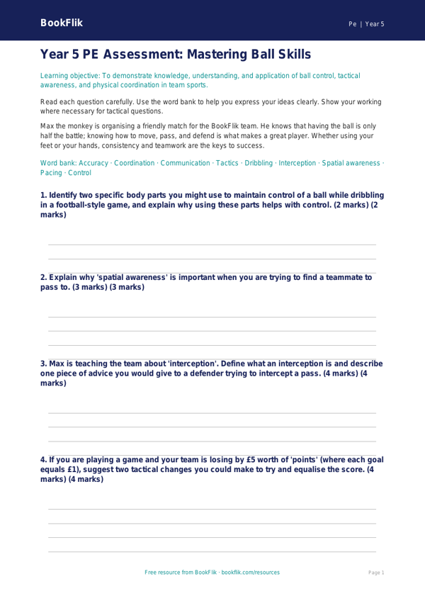 Free Ball Skills Assessment | Year 5 Core | BookFlik worksheet preview — Pe Ball Skills
