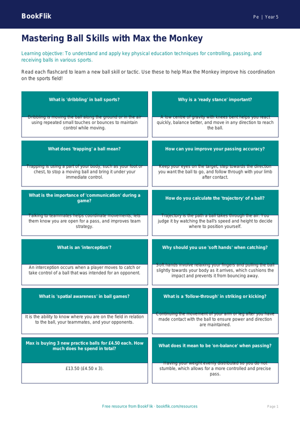 Free Ball Skills Flashcards | Year 5 Core | BookFlik worksheet preview — Pe Ball Skills