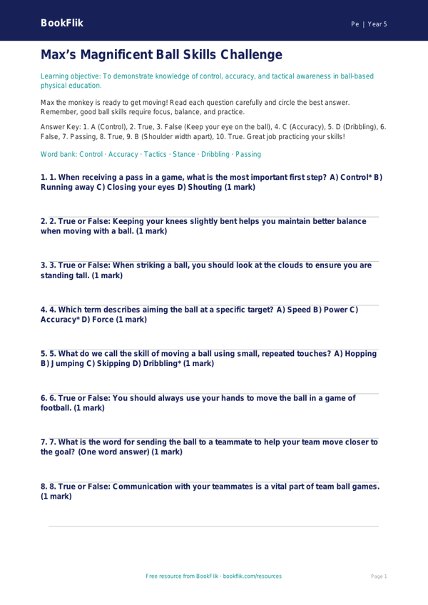 Free Ball Skills Quiz | Year 5 Core | BookFlik worksheet preview — Pe Ball Skills