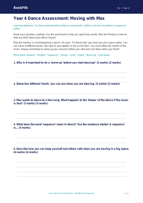 Free Dance Assessment | Year 4 Supported | BookFlik worksheet preview — Pe Dance