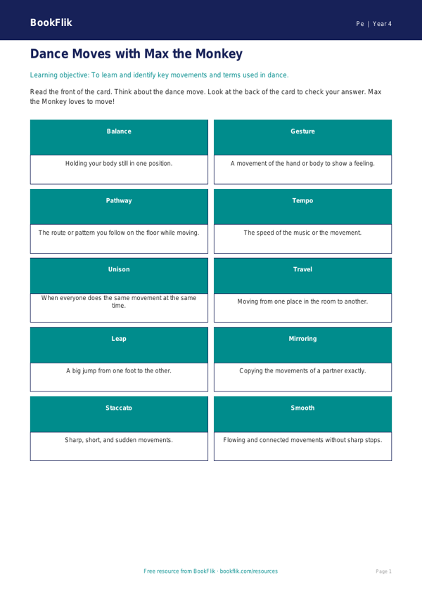 Free Dance Flashcards | Year 4 Supported | BookFlik worksheet preview — Pe Dance