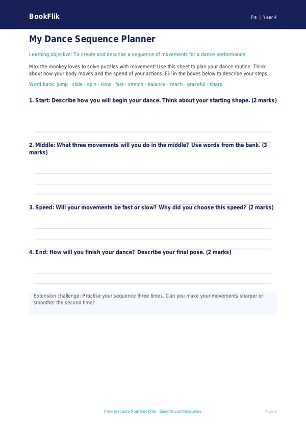 Free Dance Template | Year 4 Supported | BookFlik worksheet preview — Pe Dance