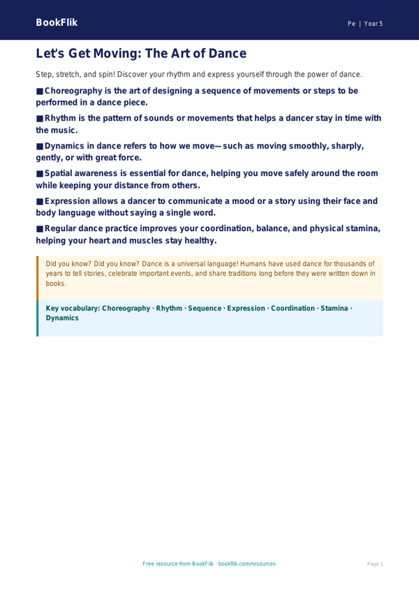Free Dance Poster | Year 5 Core | BookFlik worksheet preview — Pe Dance