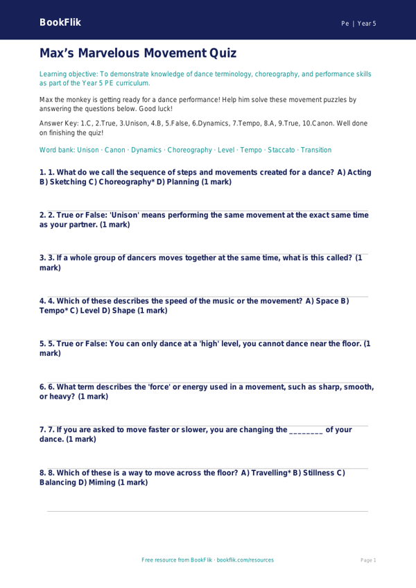 Free Dance Quiz | Year 5 Core | BookFlik worksheet preview — Pe Dance