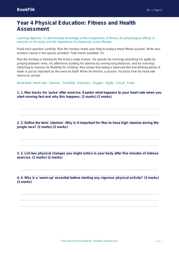 Free Fitness Assessment | Year 4 Greater Depth | BookFlik worksheet preview — Pe Fitness