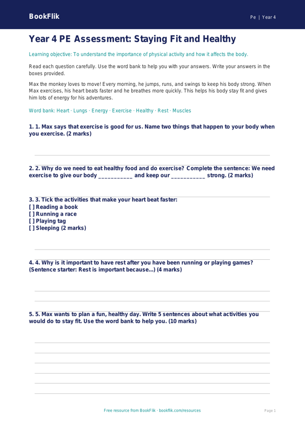 Free Fitness Assessment Worksheet | Year 4 Supported | BookFlik worksheet preview — Pe Fitness