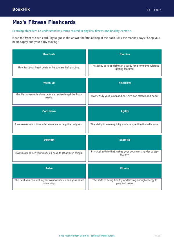 Free Fitness Flashcards | Year 4 Supported | BookFlik worksheet preview — Pe Fitness