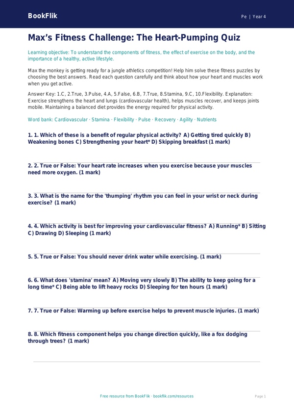 Free Fitness Quiz | Year 4 Greater Depth | BookFlik worksheet preview — Pe Fitness