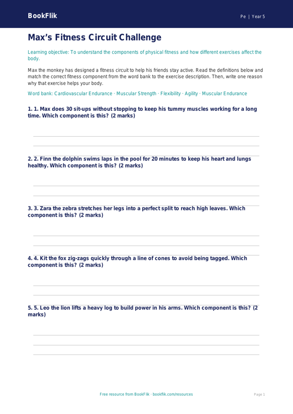 Free Fitness Activity Sheet | Year 5 Core | BookFlik worksheet preview — Pe Fitness