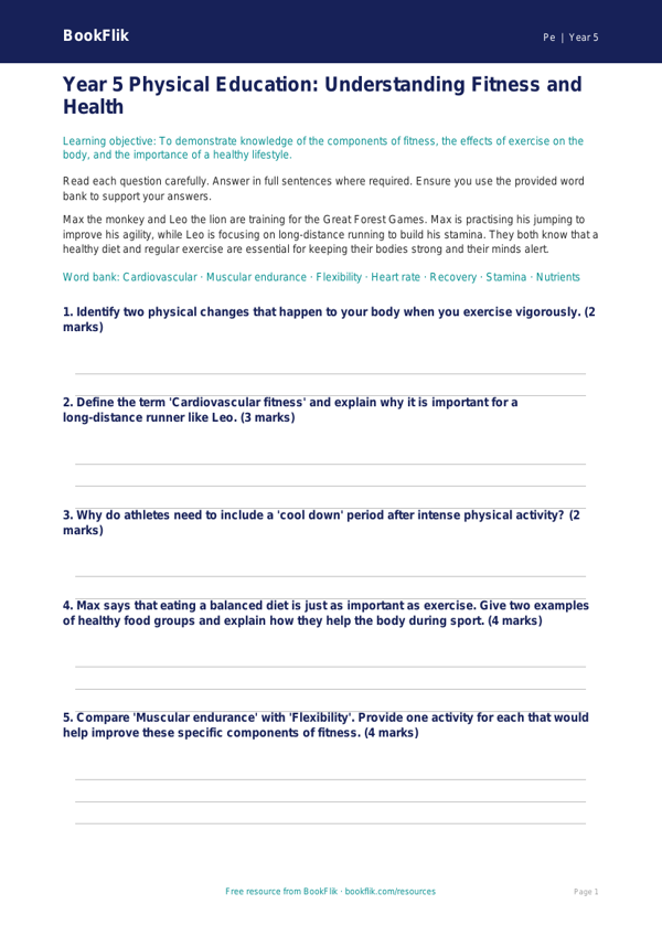 Free Fitness Assessment Worksheet | Year 5 PE | BookFlik worksheet preview — Pe Fitness