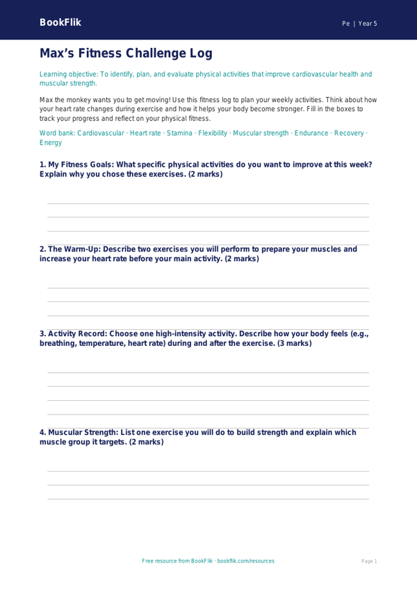 Free Fitness Template | Year 5 Core | BookFlik worksheet preview — Pe Fitness