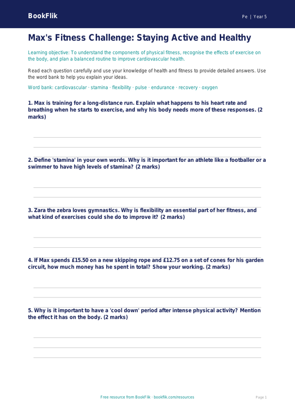 Free Fitness Worksheet | Year 5 Core | BookFlik worksheet preview — Pe Fitness
