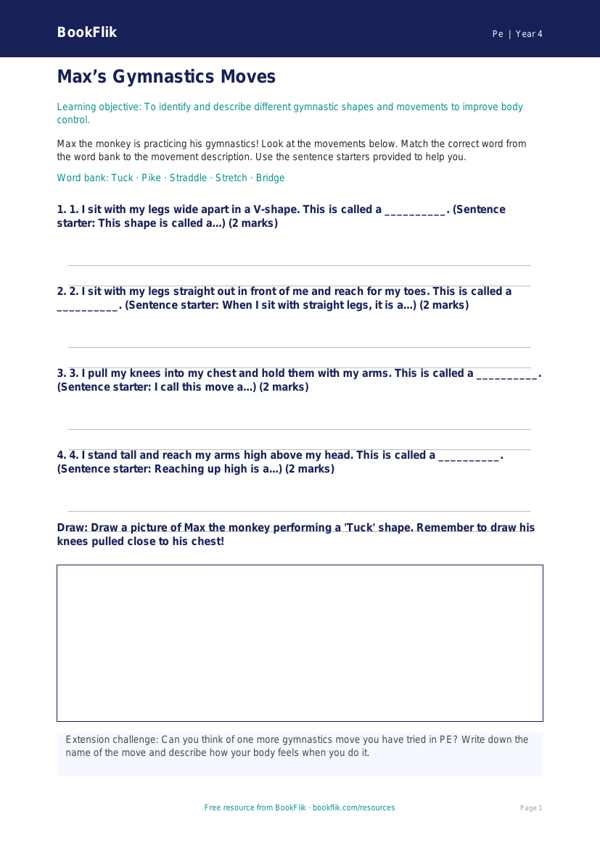 Free Gymnastics Activity Sheet | Year 4 Supported | BookFlik worksheet preview — Pe Gymnastics