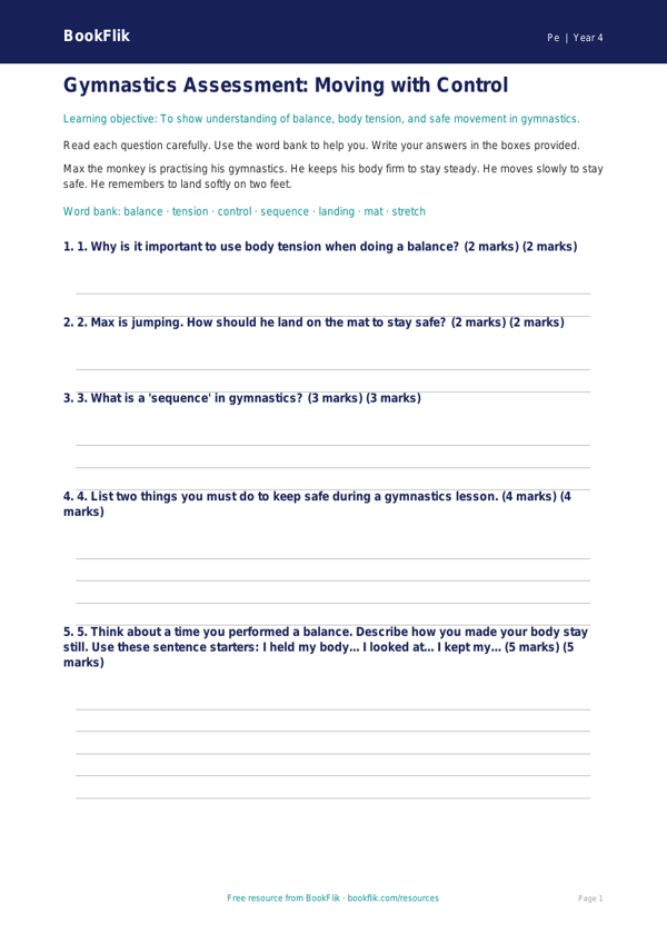 Free Gymnastics Assessment | Year 4 Supported | BookFlik worksheet preview — Pe Gymnastics