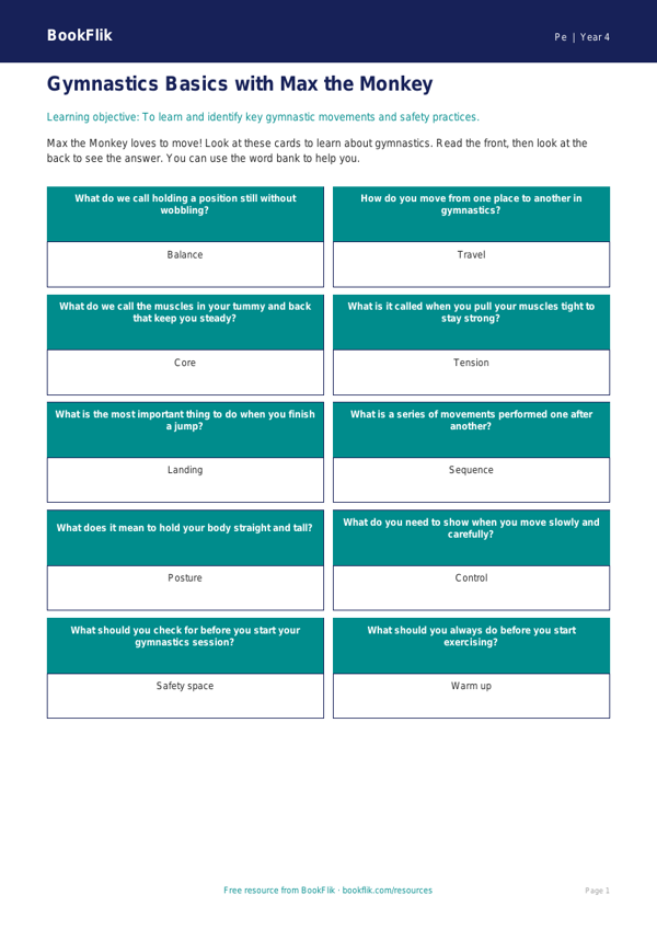 Free Gymnastics Flashcards | Year 4 Supported | BookFlik worksheet preview — Pe Gymnastics