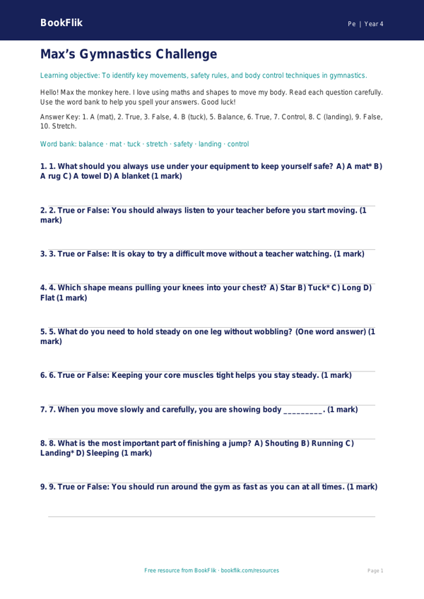 Free Gymnastics Quiz | Year 4 Supported | BookFlik worksheet preview — Pe Gymnastics