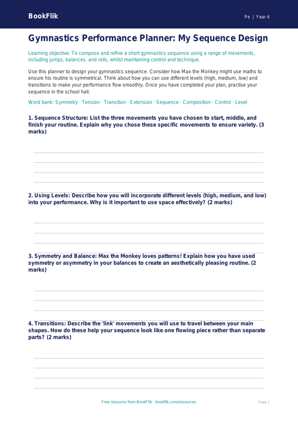 Free Gymnastics Template | Year 4 Greater Depth | BookFlik worksheet preview — Pe Gymnastics