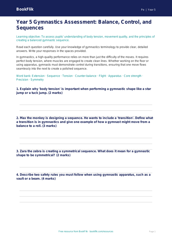 Free Gymnastics Assessment | Year 5 Core | BookFlik worksheet preview — Pe Gymnastics
