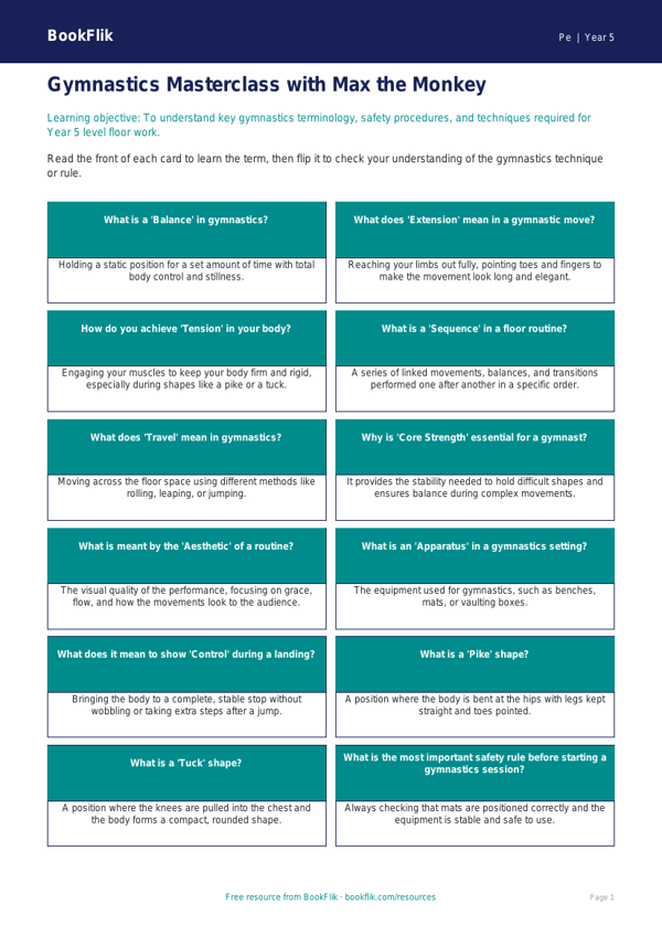 Free Gymnastics Flashcards | Year 5 Core | BookFlik worksheet preview — Pe Gymnastics