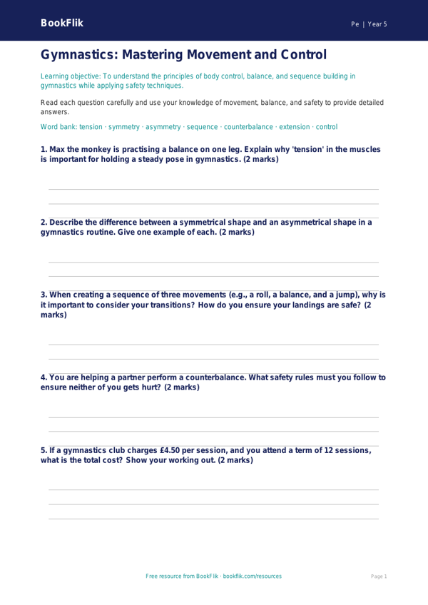 Free Gymnastics Worksheet | Year 5 Core | BookFlik worksheet preview — Pe Gymnastics