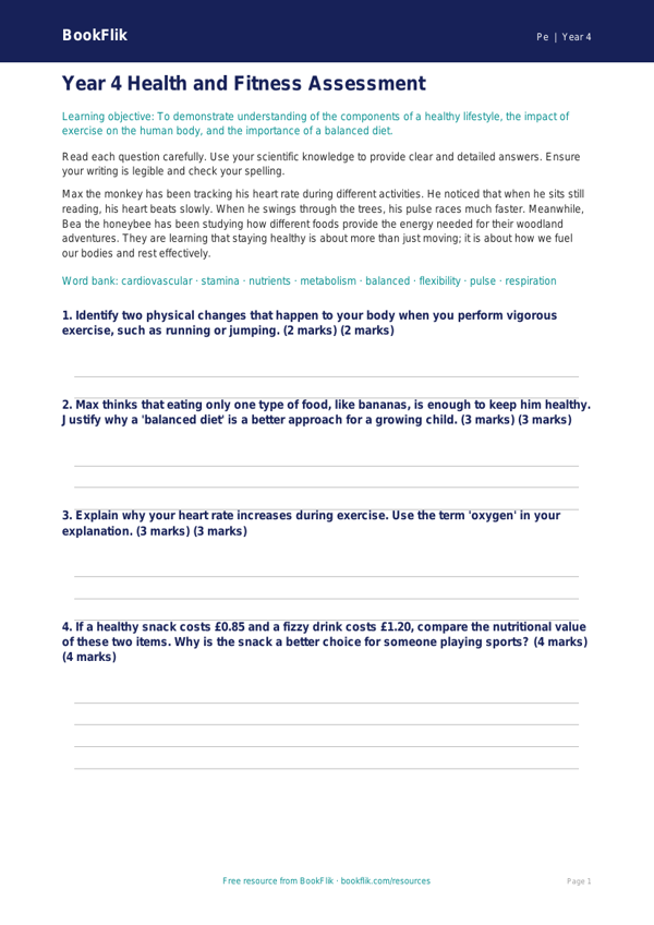 Free Health And Fitness Assessment | Year 4 Greater Depth | BookFlik worksheet preview — Pe Health And Fitness