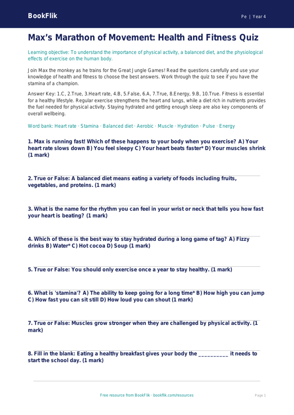 Free Health And Fitness Quiz | Year 4 Greater Depth | BookFlik worksheet preview — Pe Health And Fitness