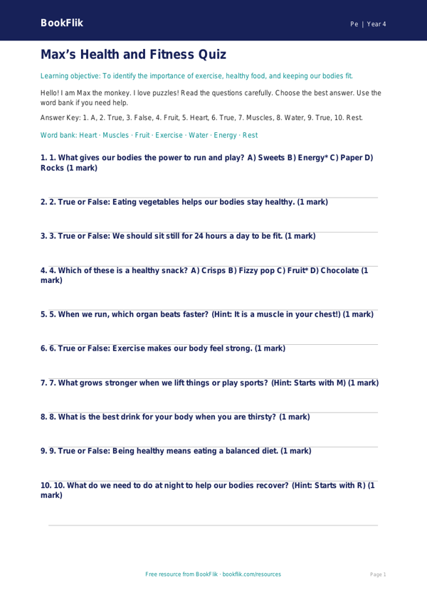 Free Health And Fitness Quiz | Year 4 Supported | BookFlik worksheet preview — Pe Health And Fitness