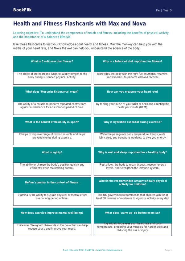 Free Health And Fitness Flashcards | Year 5 Core | BookFlik worksheet preview — Pe Health And Fitness