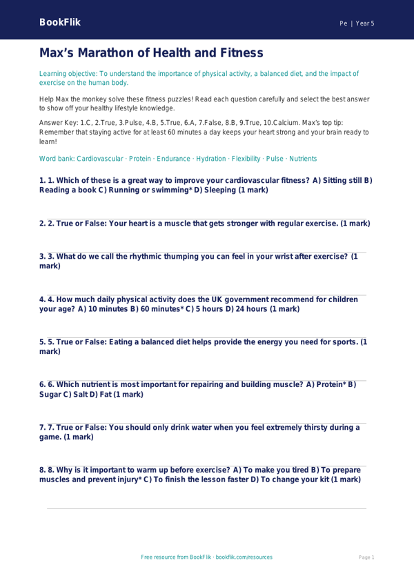 Free Health And Fitness Quiz | Year 5 Core | BookFlik worksheet preview — Pe Health And Fitness