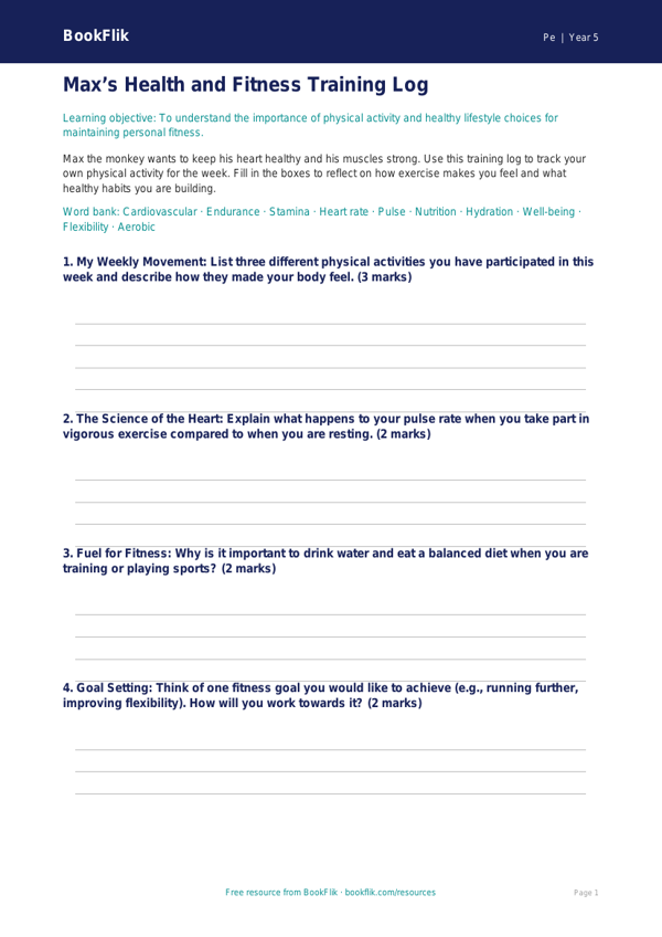 Free Health And Fitness Template | Year 5 Core | BookFlik worksheet preview — Pe Health And Fitness