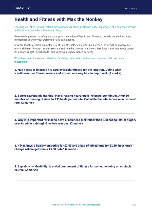 Free Health And Fitness Worksheet | Year 5 Core | BookFlik worksheet preview — Pe Health And Fitness