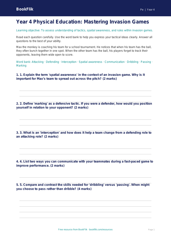 Free Invasion Games Assessment | Year 4 Greater Depth | BookFlik worksheet preview — Pe Invasion Games