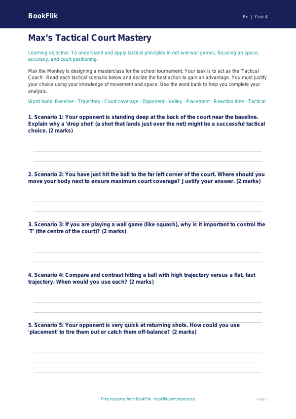 Free Net And Wall Games Activity Sheet | Year 4 Greater Depth | BookFlik worksheet preview — Pe Net And Wall Games