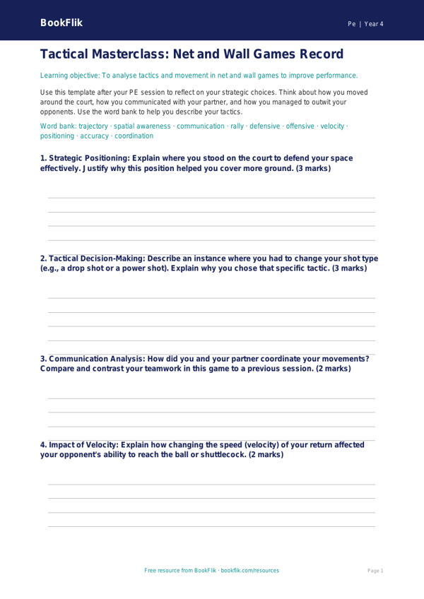 Free Net And Wall Games Template | Year 4 Greater Depth | BookFlik worksheet preview — Pe Net And Wall Games
