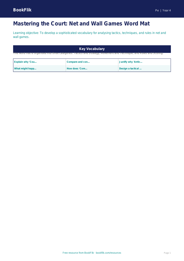 Free Net And Wall Games Word Mat | Year 4 Greater Depth | BookFlik worksheet preview — Pe Net And Wall Games