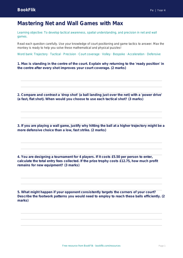 Free Net And Wall Games Worksheet | Year 4 Greater Depth | BookFlik worksheet preview — Pe Net And Wall Games