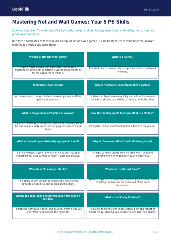 Free Net And Wall Games Flashcards | Year 5 Core | BookFlik worksheet preview — Pe Net And Wall Games