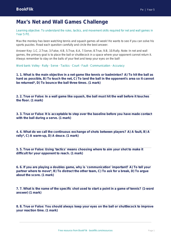 Free Net And Wall Games Quiz | Year 5 Core | BookFlik worksheet preview — Pe Net And Wall Games