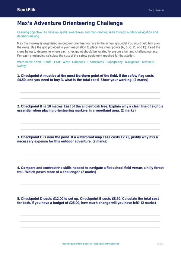 Free Outdoor Adventures Activity Sheet | Year 4 Greater Depth | BookFlik worksheet preview — Pe Outdoor Adventures