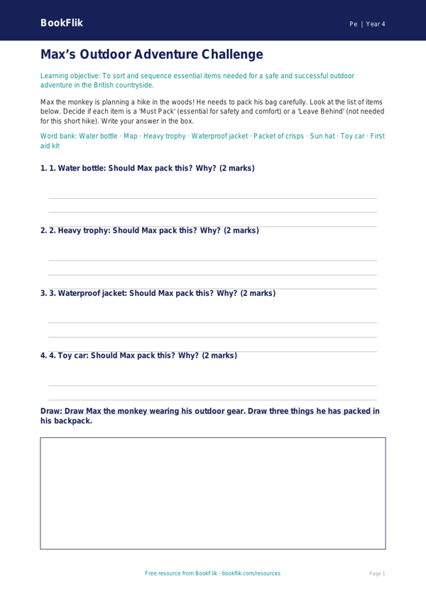 Free Outdoor Adventures Activity Sheet | Year 4 Supported | BookFlik worksheet preview — Pe Outdoor Adventures