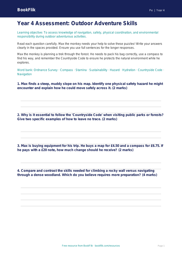 Free Outdoor Adventures Assessment | Year 4 Greater Depth | BookFlik worksheet preview — Pe Outdoor Adventures