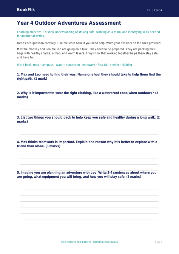 Free Outdoor Adventures Assessment | Year 4 Supported | BookFlik worksheet preview — Pe Outdoor Adventures